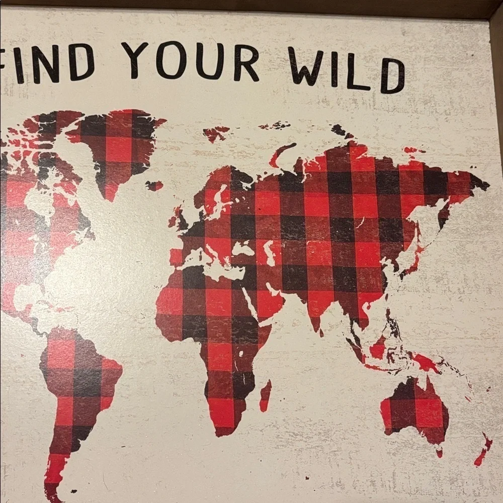 Plaid World Map Wall Art - Red and Black
